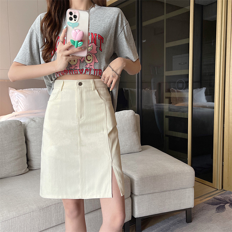 Mid-Length Pink Denim Split Skirt - Korean Style Plus Size High-Waisted A-Line Bodycon Skirt for Summer College Fashion Mid-Length Pink Denim Split Skirt - Korean Style Plus Size High-Waisted A-Line Bodycon Skirt for Summer College Fashion