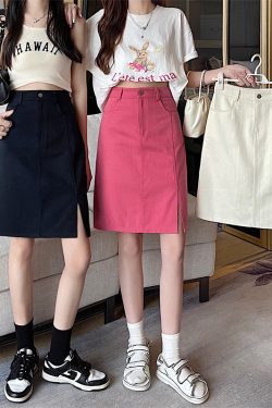 Mid-Length Pink Denim Split Skirt - Korean Style Plus Size High-Waisted A-Line Bodycon Skirt for Summer College Fashion