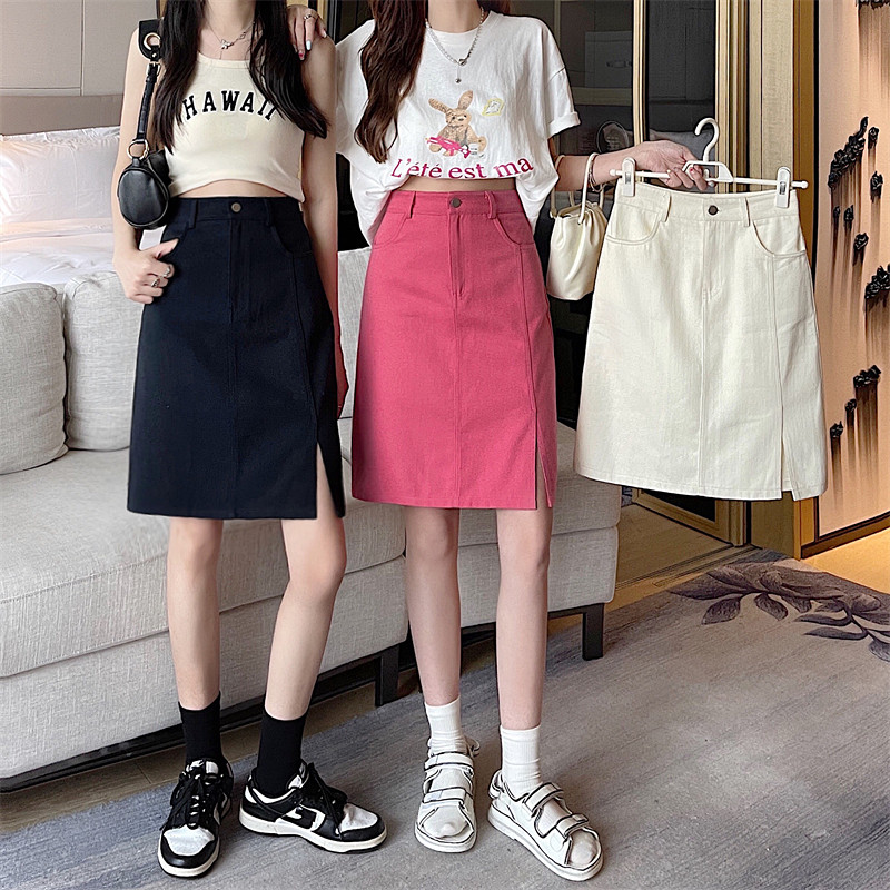 Mid-Length Pink Denim Split Skirt - Korean Style Plus Size High-Waisted A-Line Bodycon Skirt for Summer College Fashion Mid-Length Pink Denim Split Skirt - Korean Style Plus Size High-Waisted A-Line Bodycon Skirt for Summer College Fashion