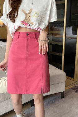 Mid-Length Pink Denim Split Skirt - Korean Style Plus Size High-Waisted A-Line Bodycon Skirt for Summer College Fashion