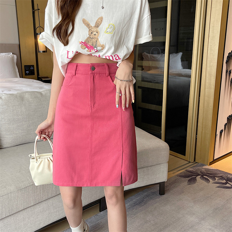 Mid-Length Pink Denim Split Skirt - Korean Style Plus Size High-Waisted A-Line Bodycon Skirt for Summer College Fashion Mid-Length Pink Denim Split Skirt - Korean Style Plus Size High-Waisted A-Line Bodycon Skirt for Summer College Fashion