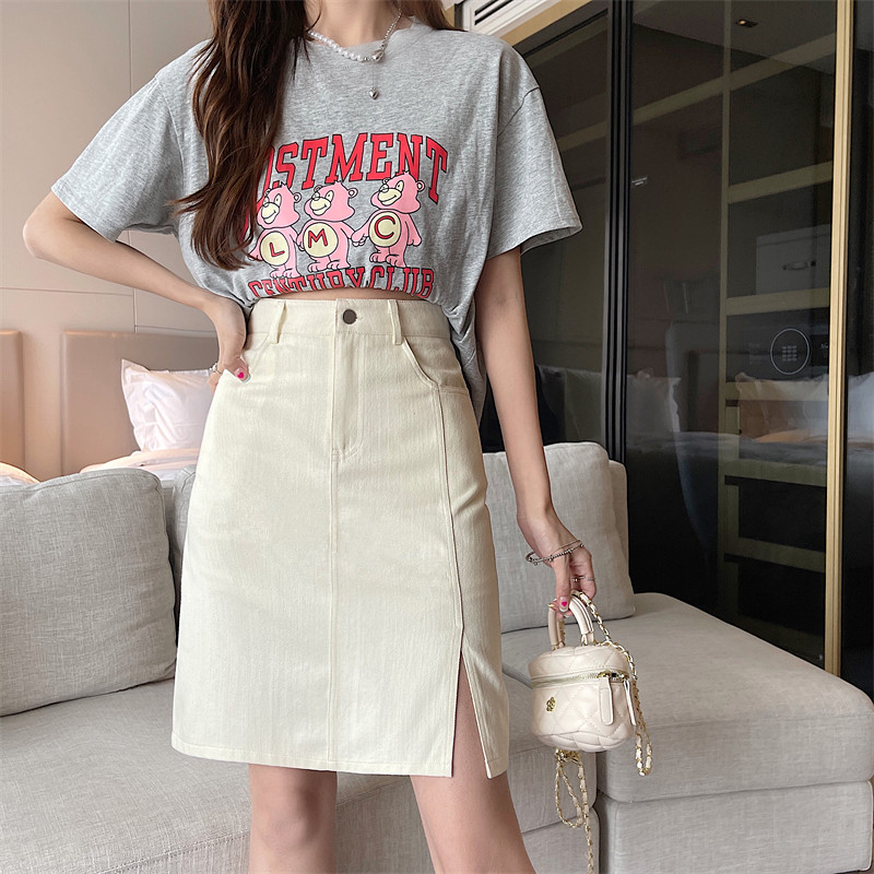 Mid-Length Pink Denim Split Skirt - Korean Style Plus Size High-Waisted A-Line Bodycon Skirt for Summer College Fashion Mid-Length Pink Denim Split Skirt - Korean Style Plus Size High-Waisted A-Line Bodycon Skirt for Summer College Fashion