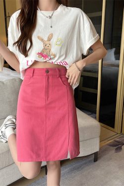 Mid-Length Pink Denim Split Skirt - Korean Style Plus Size High-Waisted A-Line Bodycon Skirt for Summer College Fashion
