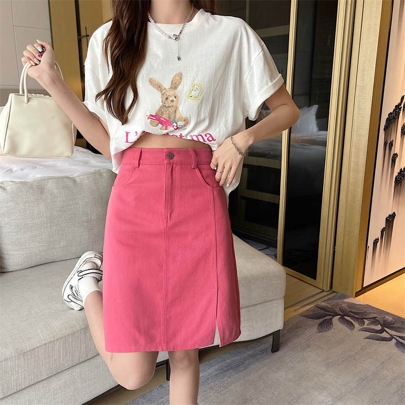 Mid-Length Pink Denim Split Skirt - Korean Style Plus Size High-Waisted A-Line Bodycon Skirt for Summer College Fashion Mid-Length Pink Denim Split Skirt - Korean Style Plus Size High-Waisted A-Line Bodycon Skirt for Summer College Fashion