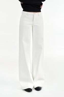 Mid-Low Waist Straight Leg Wide-Leg Stretchy White Jeans for Women - Trendy Y2K Style Denim Pants