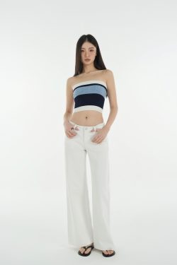 Mid-Low Waist Straight Leg Wide-Leg Stretchy White Jeans for Women - Trendy Y2K Style Denim Pants