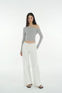 Mid-Low Waist Straight Leg Wide-Leg Stretchy White Jeans for Women - Trendy Y2K Style Denim Pants