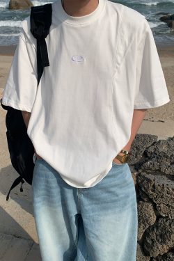 Mid-Summer American Cut Letter Embroidered Casual Short Sleeve T-Shirt - Loose Fit, Cool Feel, Trendy Summer Style