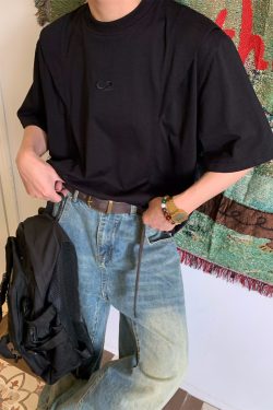 Mid-Summer American Cut Letter Embroidered Casual Short Sleeve T-Shirt - Loose Fit, Cool Feel, Trendy Summer Style