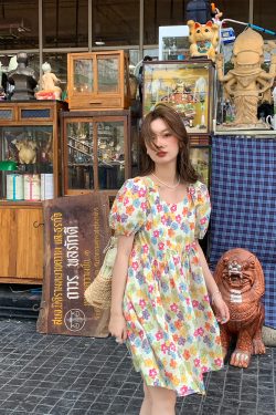 Midsummer Afternoon Retro Floral Short Sleeve Dress for Women, Summer Puff Sleeve A-Line High Waist Long Skirt, Vintage Style
