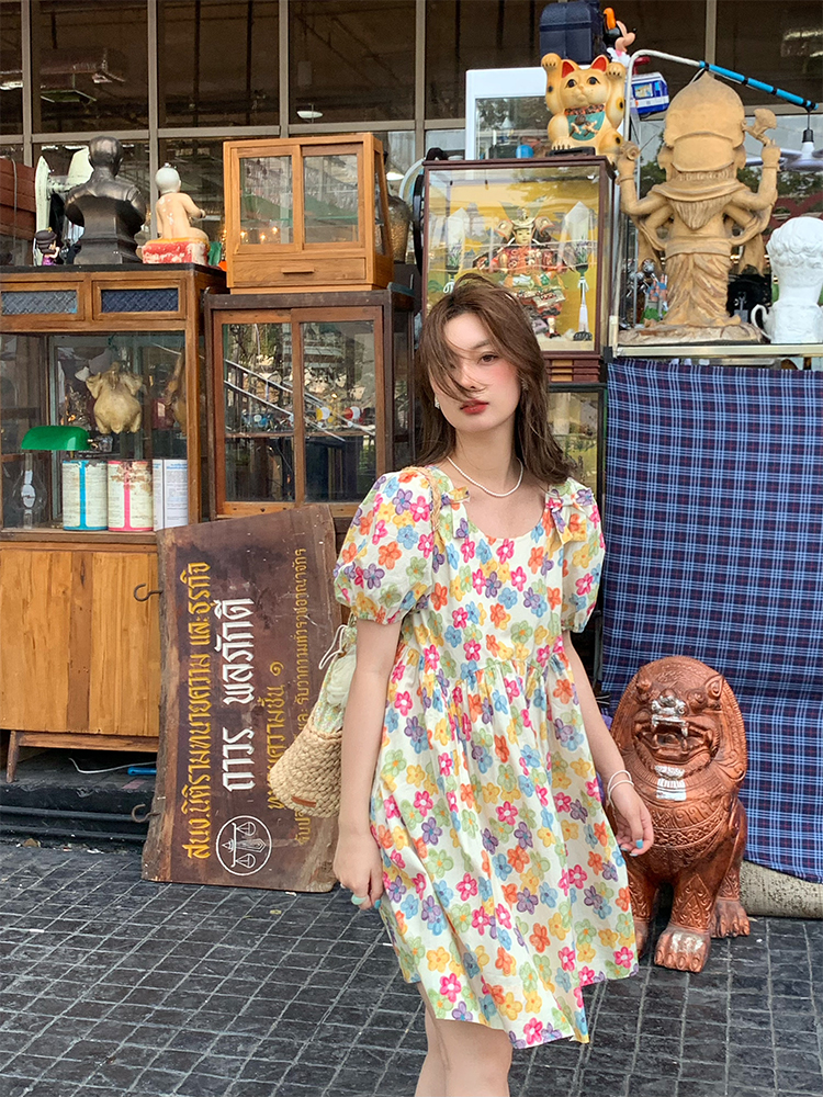 Midsummer Afternoon Retro Floral Short Sleeve Dress for Women, Summer Puff Sleeve A-Line High Waist Long Skirt, Vintage Style Midsummer Afternoon Retro Floral Short Sleeve Dress for Women, Summer Puff Sleeve A-Line High Waist Long Skirt, Vintage Style