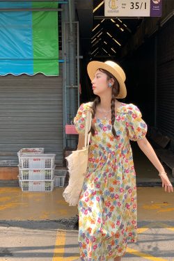 Midsummer Afternoon Retro Floral Short Sleeve Dress for Women, Summer Puff Sleeve A-Line High Waist Long Skirt, Vintage Style