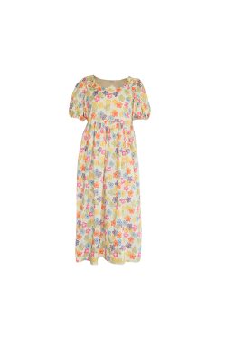 Midsummer Afternoon Retro Floral Short Sleeve Dress for Women, Summer Puff Sleeve A-Line High Waist Long Skirt, Vintage Style