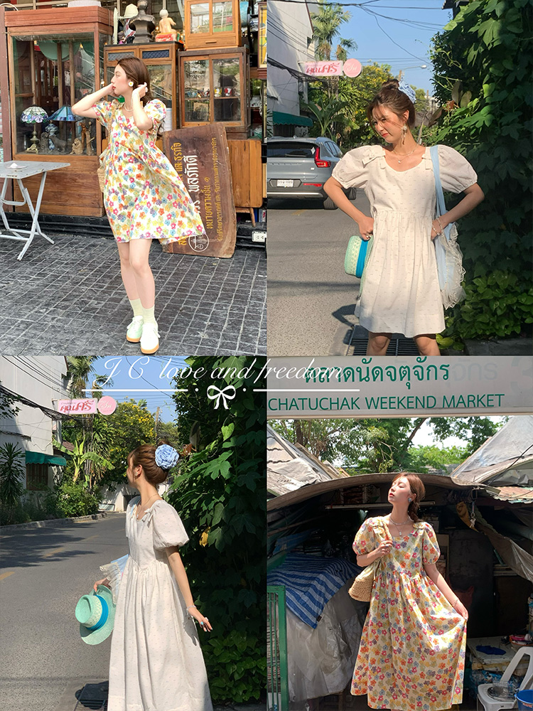Midsummer Afternoon Retro Floral Short Sleeve Dress for Women, Summer Puff Sleeve A-Line High Waist Long Skirt, Vintage Style Midsummer Afternoon Retro Floral Short Sleeve Dress for Women, Summer Puff Sleeve A-Line High Waist Long Skirt, Vintage Style