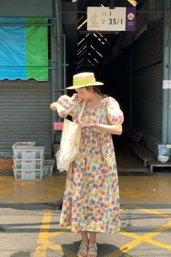 Midsummer Afternoon Retro Floral Short Sleeve Dress for Women, Summer Puff Sleeve A-Line High Waist Long Skirt, Vintage Style