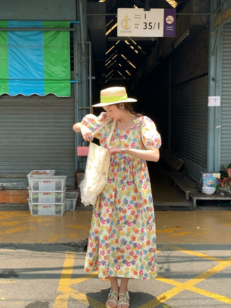 Midsummer Afternoon Retro Floral Short Sleeve Dress for Women, Summer Puff Sleeve A-Line High Waist Long Skirt, Vintage Style Midsummer Afternoon Retro Floral Short Sleeve Dress for Women, Summer Puff Sleeve A-Line High Waist Long Skirt, Vintage Style