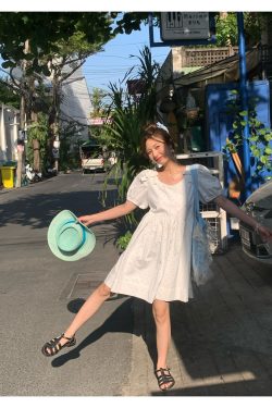 Midsummer Afternoon Retro Floral Short Sleeve Dress for Women, Summer Puff Sleeve A-Line High Waist Long Skirt, Vintage Style