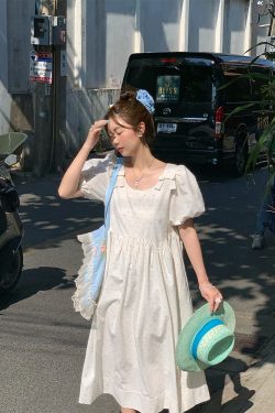 Midsummer Afternoon Retro Floral Short Sleeve Dress for Women, Summer Puff Sleeve A-Line High Waist Long Skirt, Vintage Style