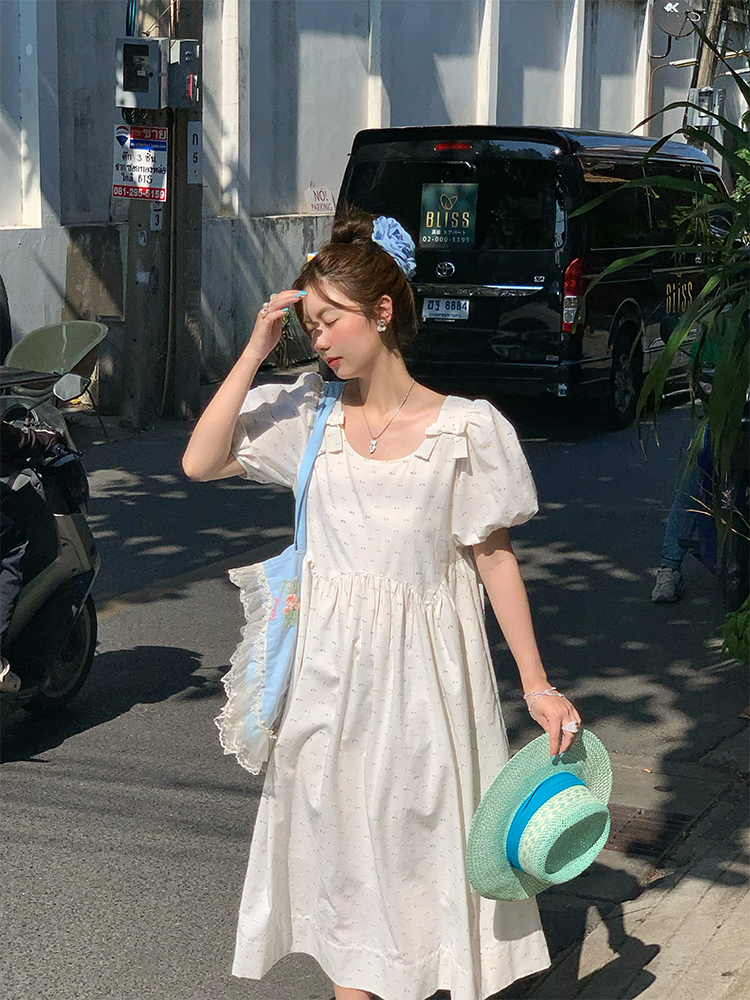 Midsummer Afternoon Retro Floral Short Sleeve Dress for Women, Summer Puff Sleeve A-Line High Waist Long Skirt, Vintage Style Midsummer Afternoon Retro Floral Short Sleeve Dress for Women, Summer Puff Sleeve A-Line High Waist Long Skirt, Vintage Style