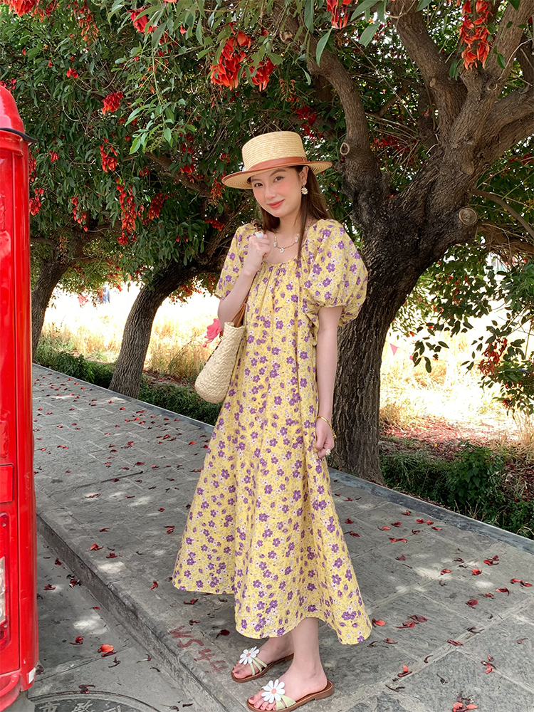 Midsummer Flower Garden U-Neck Short Sleeve Dress for Women - Vintage French Romantic Loose Puff Sleeve Summer Dress Midsummer Flower Garden U-Neck Short Sleeve Dress for Women - Vintage French Romantic Loose Puff Sleeve Summer Dress