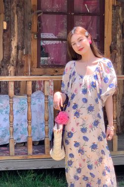 Midsummer Flower Garden U-Neck Short Sleeve Dress for Women - Vintage French Romantic Loose Puff Sleeve Summer Dress