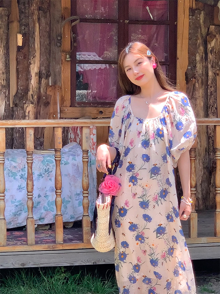 Midsummer Flower Garden U-Neck Short Sleeve Dress for Women - Vintage French Romantic Loose Puff Sleeve Summer Dress Midsummer Flower Garden U-Neck Short Sleeve Dress for Women - Vintage French Romantic Loose Puff Sleeve Summer Dress