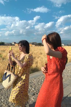 Midsummer Flower Garden U-Neck Short Sleeve Dress for Women - Vintage French Romantic Loose Puff Sleeve Summer Dress