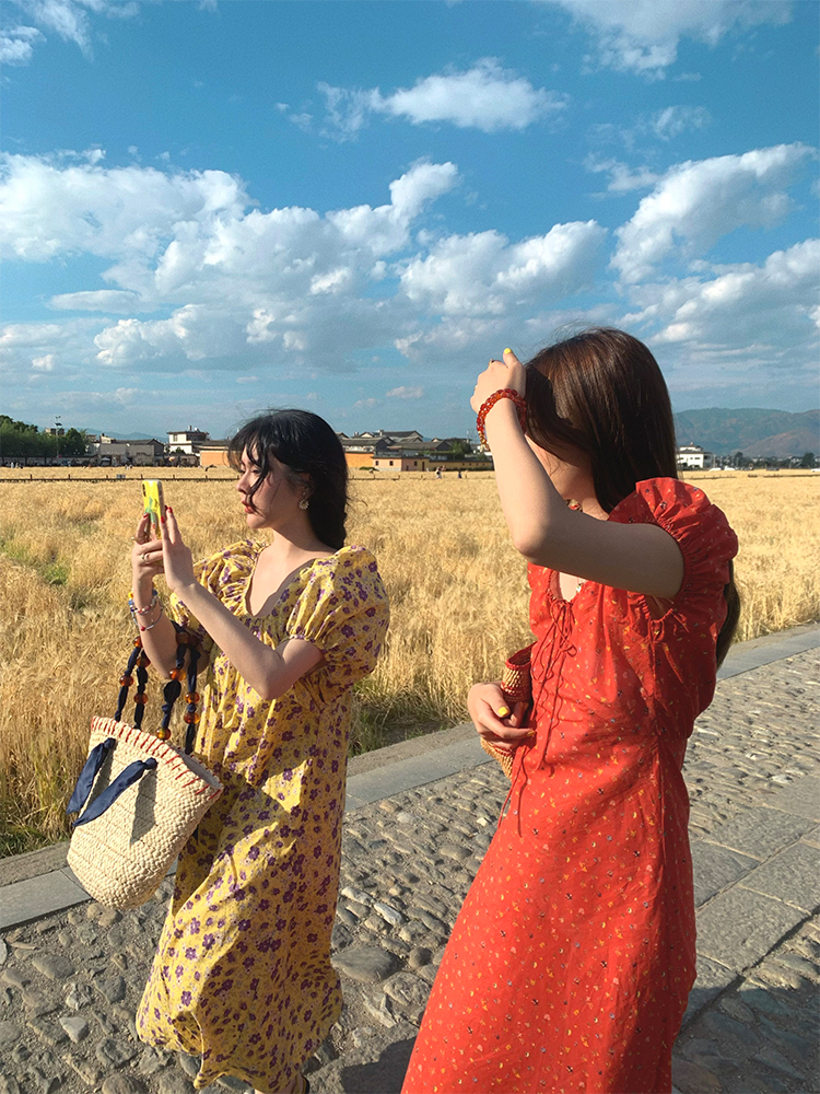 Midsummer Flower Garden U-Neck Short Sleeve Dress for Women - Vintage French Romantic Loose Puff Sleeve Summer Dress Midsummer Flower Garden U-Neck Short Sleeve Dress for Women - Vintage French Romantic Loose Puff Sleeve Summer Dress