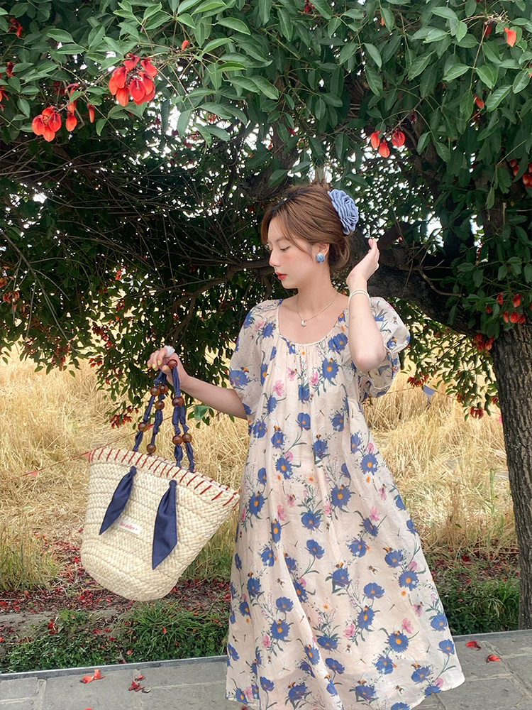 Midsummer Flower Garden U-Neck Short Sleeve Dress for Women - Vintage French Romantic Loose Puff Sleeve Summer Dress Midsummer Flower Garden U-Neck Short Sleeve Dress for Women - Vintage French Romantic Loose Puff Sleeve Summer Dress