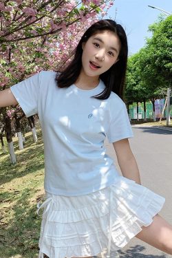 Milk Blue Slim Fit Shoulder-Strap T-Shirt for Women, Casual Summer Top, Short Sleeves, College Style, Trendy Versatile Fashion