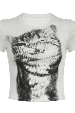 Milk Fierce Cat Graphic T-Shirt for Women, Cute Millennial Style, High-Waisted Summer Short Sleeve, Trendy Y2K Fashion