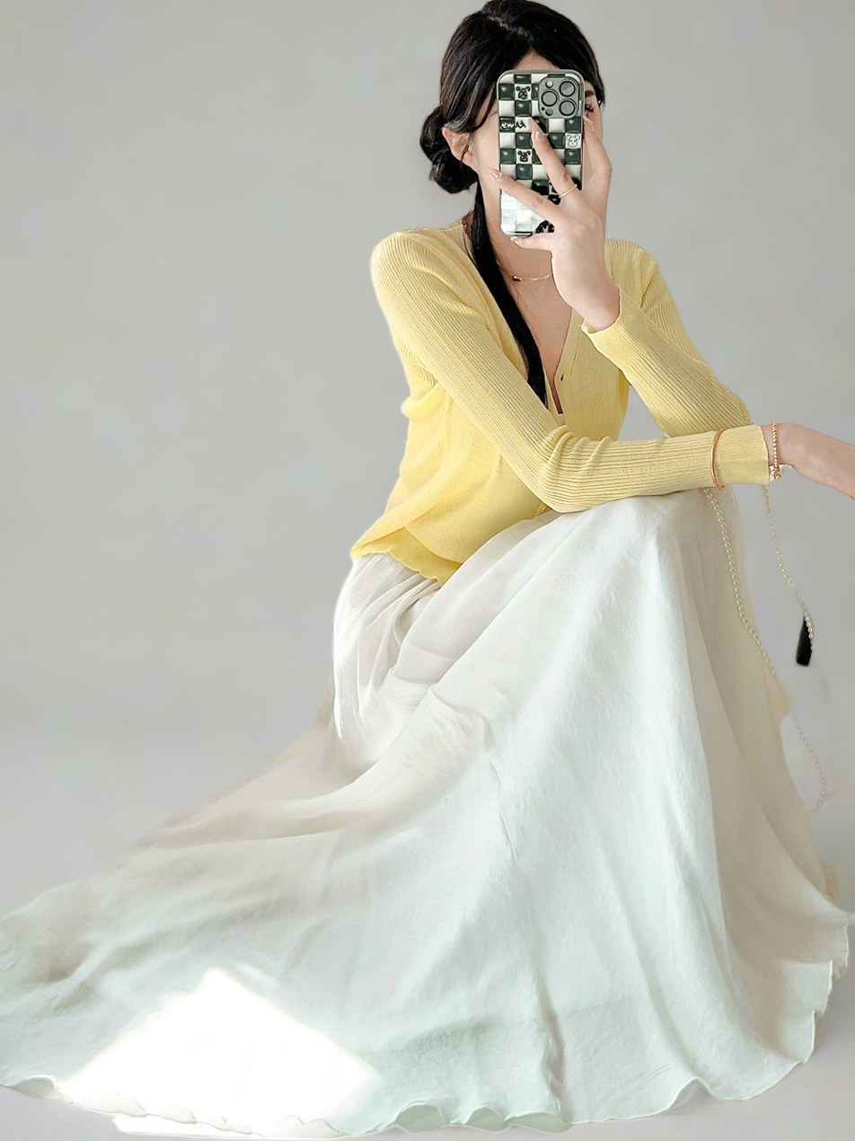 Milk White High-Waisted Swing Skirt, Cotton-Linen Blend, Wrinkle-Resistant, Floor-Length Drape for Women - 2025 Spring/Summer Fashion Milk White High-Waisted Swing Skirt, Cotton-Linen Blend, Wrinkle-Resistant, Floor-Length Drape for Women - 2025 Spring/Summer Fashion