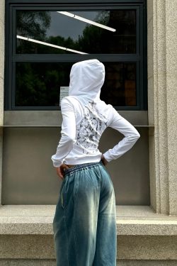 Millennium Street Music Score Embroidery Portrait Gradient Print Waist-Defining Slim Fit Hoodie for Trendy Streetwear Style