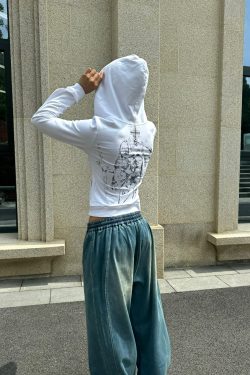 Millennium Street Music Score Embroidery Portrait Gradient Print Waist-Defining Slim Fit Hoodie for Trendy Streetwear Style