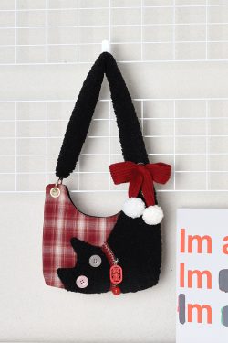 Mini Red Plaid Cat Bag for Women - Cute Underarm Crossbody Bag for New Year Good Luck & Destiny - Y2K Style