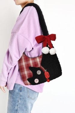 Mini Red Plaid Cat Bag for Women - Cute Underarm Crossbody Bag for New Year Good Luck & Destiny - Y2K Style