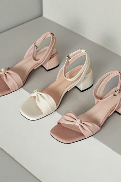 Minimalist Fairy Style Genuine Leather Open-Toe Mid-Heel Chunky Strap Sandals for Women - Summer 90s Inspired
