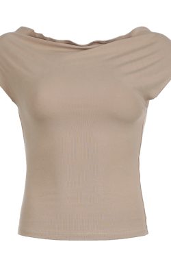 Minimalist French Solid Color Off-Shoulder Drop Shoulder T-Shirt for Women - High Elasticity One-Shoulder Pleated Waist Fashion Top