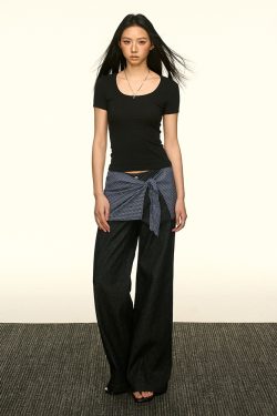 Minimalist Gray U-Neck Short Sleeve T-Shirt for Women - Summer Slim Fit Cropped Top, Waist-Defining Style, Perfect for Y2K Fashion