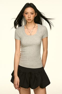 Minimalist Gray U-Neck Short Sleeve T-Shirt for Women - Summer Slim Fit Cropped Top, Waist-Defining Style, Perfect for Y2K Fashion