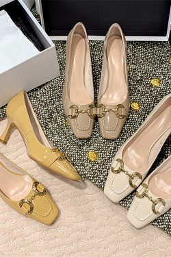 Minimalist Metal Buckle Square-Toe Kitten Heel High Heels in Sheepskin - Comfortable Italian Style Flats