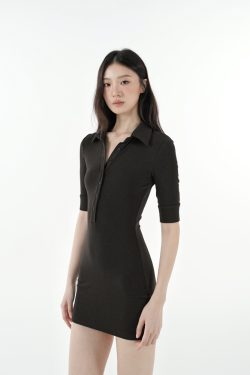Minimalist Polo Collar Elastic Short-Sleeve Dress - Chic Casual Style for Effortless Elegance