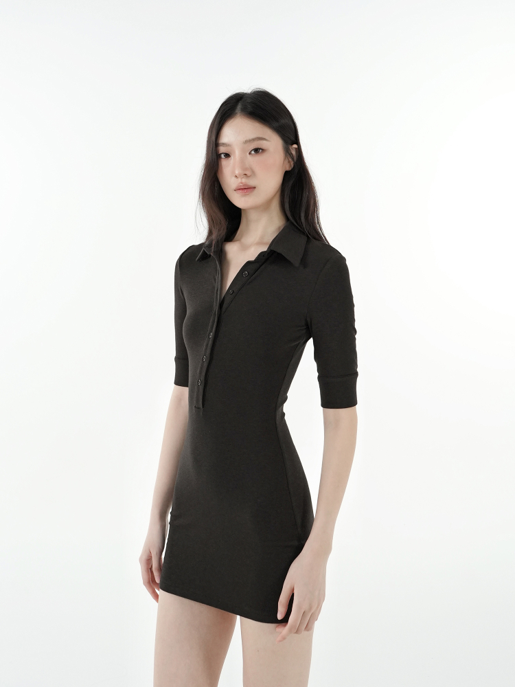 Minimalist Polo Collar Elastic Short-Sleeve Dress - Chic Casual Style for Effortless Elegance Minimalist Polo Collar Elastic Short-Sleeve Dress - Chic Casual Style for Effortless Elegance
