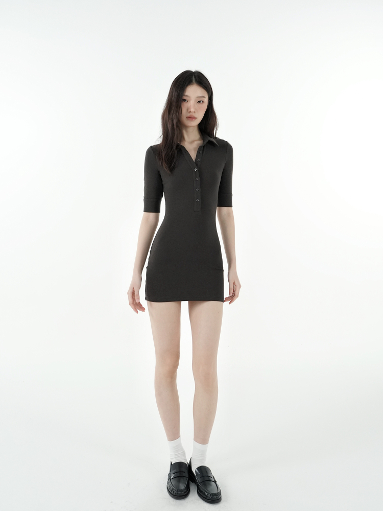 Minimalist Polo Collar Elastic Short-Sleeve Dress - Chic Casual Style for Effortless Elegance Minimalist Polo Collar Elastic Short-Sleeve Dress - Chic Casual Style for Effortless Elegance