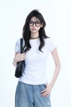 Minimalist Solid Color Short-Sleeve T-Shirt for Women - Slim Fit, Waist-Cinching Flattering Base Top, Perfect for Y2K Style