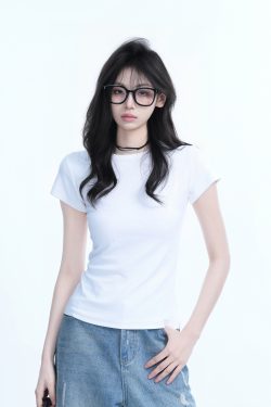 Minimalist Solid Color Short-Sleeve T-Shirt for Women - Slim Fit, Waist-Cinching Flattering Base Top, Perfect for Y2K Style