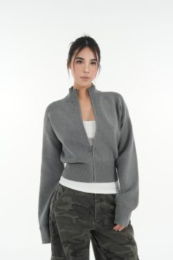 Minimalist Stand Collar Waist-Defining Long Sleeve Cardigan Jacket - Chic Layering Piece for Effortless Style