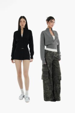 Minimalist Stand Collar Waist-Defining Long Sleeve Cardigan Jacket - Chic Layering Piece for Effortless Style