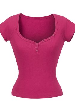 Minimalist Summer Slim-Fit Short Sleeve Henley T-Shirt for Women - Lightweight Fabric, Flattering Design, 90s Inspired