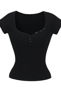 Minimalist Summer Slim-Fit Short Sleeve Henley T-Shirt for Women - Lightweight Fabric, Flattering Design, 90s Inspired